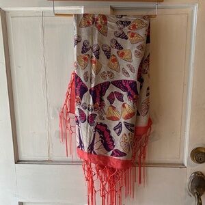 Theodora & Callum Coral, Purple and Yellow Butterfly-Print Fringe Scarf